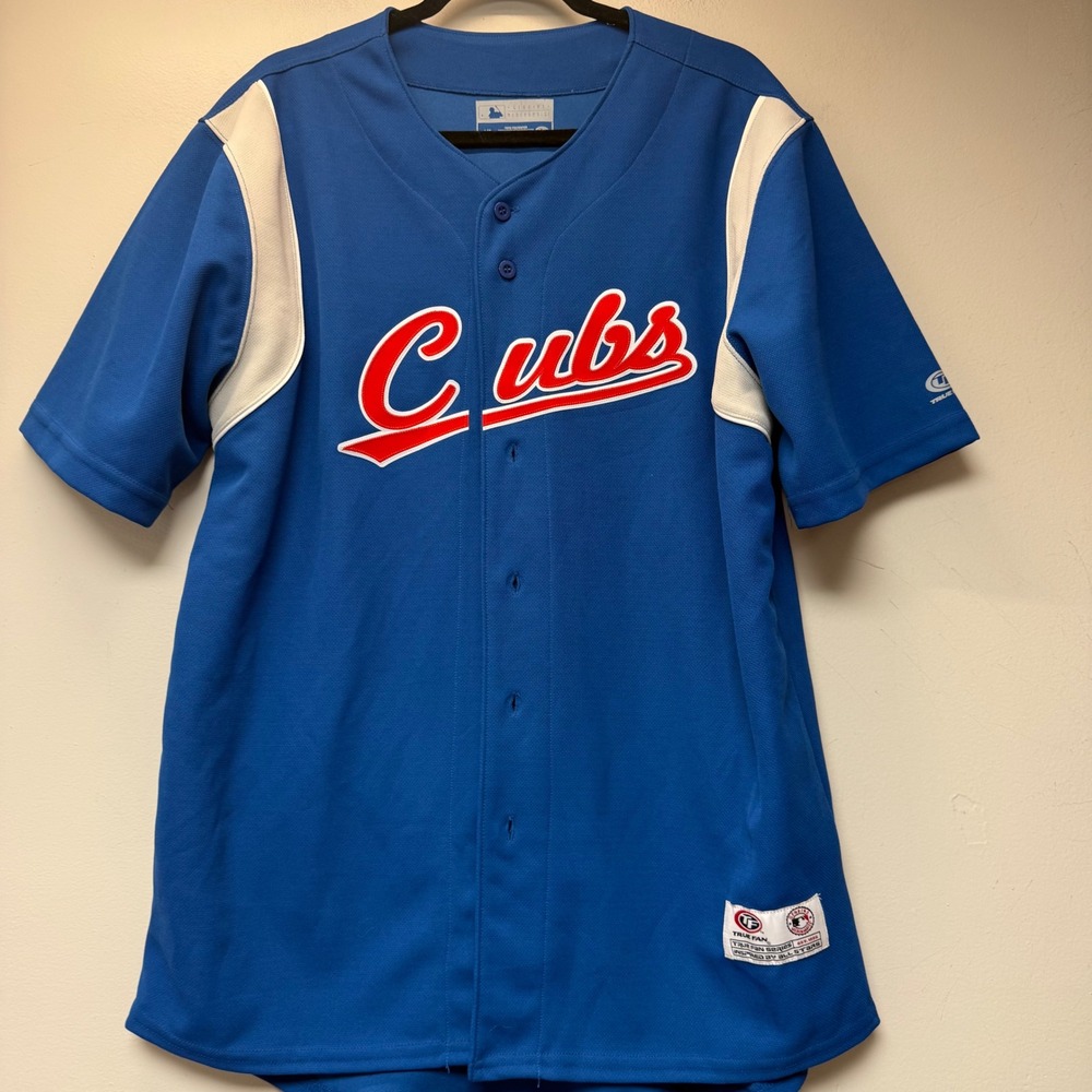 True Fan MLB Chicago Cubs Baseball Jersey Mens Large Blue Excellent Button Front